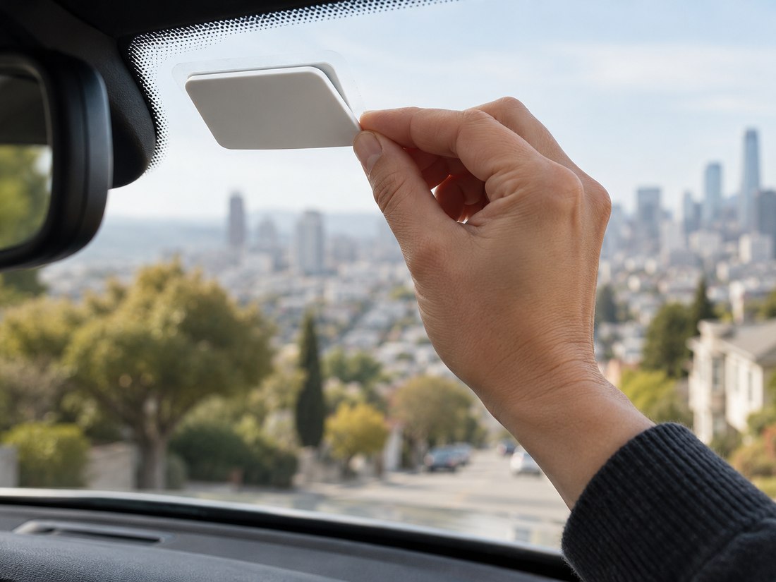 A hand removing a plain toll transponder from the inside of a windshield