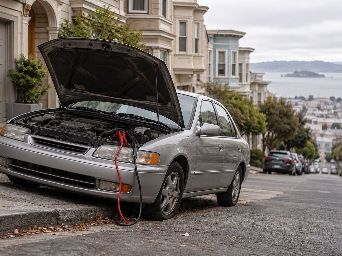 An older sedan with its hood open and jumper cables on a steep San Francisco street
