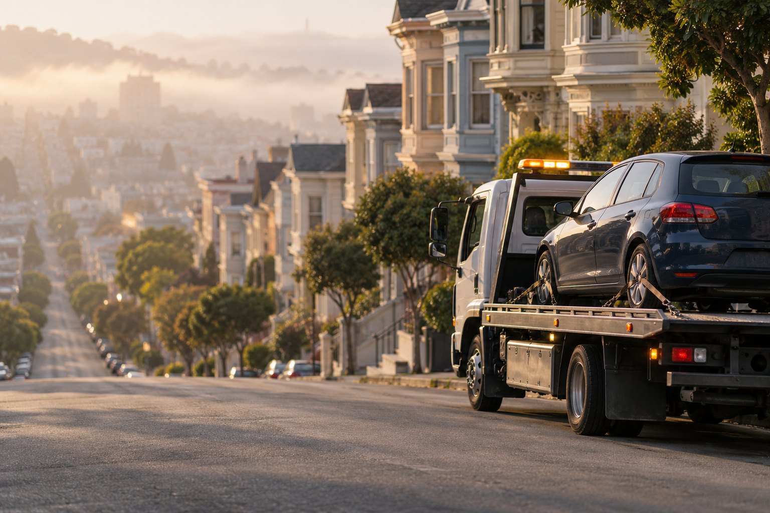 A flatbed tow truck at the curb of a steep San Francisco street of row houses, a hatchback on its bed, fog lifting behind
