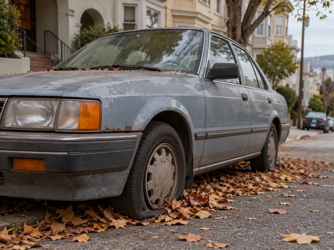 A weathered old sedan with a flat tire parked at the curb of a quiet San Francisco side street