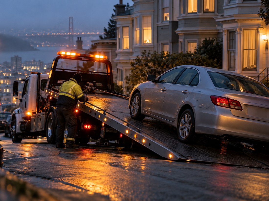 A flatbed tow truck at dusk on a steep, fog-damp San Francisco street, winching a silver sedan onto its bed