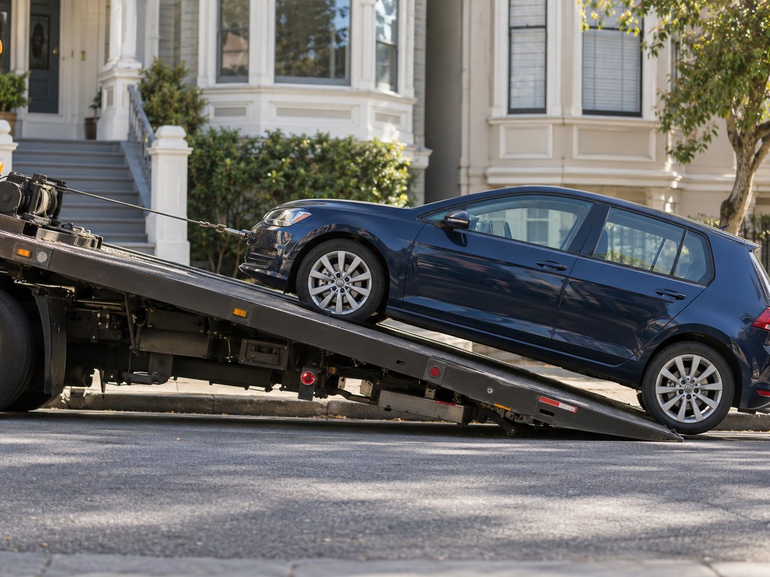 A hatchback being winched onto a flatbed tow truck in front of a San Francisco row house