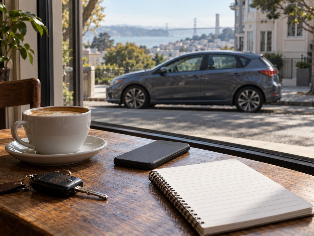 Car keys, a phone and a blank notepad on a café table, a parked hatchback outside the window
