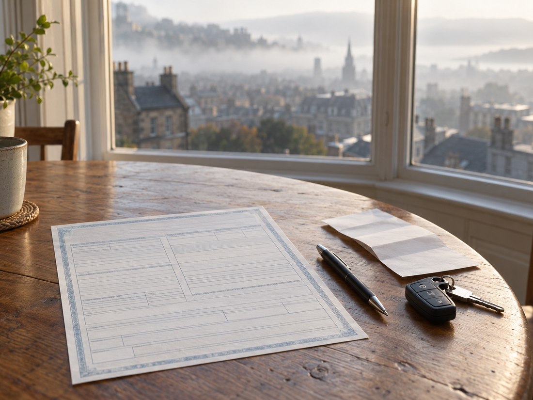A blank title-style document, a pen and car keys on a table in a bay window over foggy rooftops
