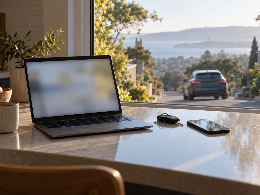 A laptop with a blurred online form beside car keys, a car pulling away down a hill outside the window
