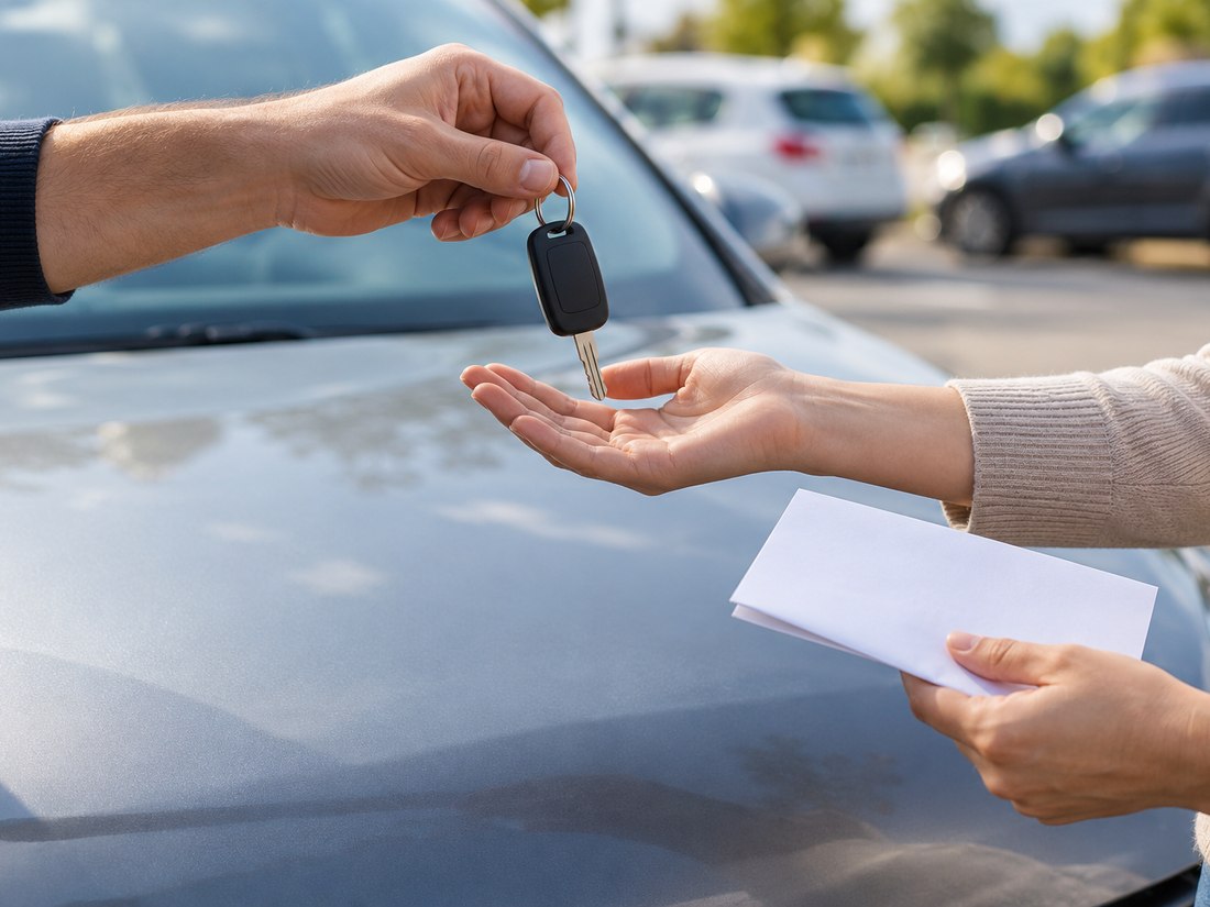 Car keys and a folded document changing hands over a car hood