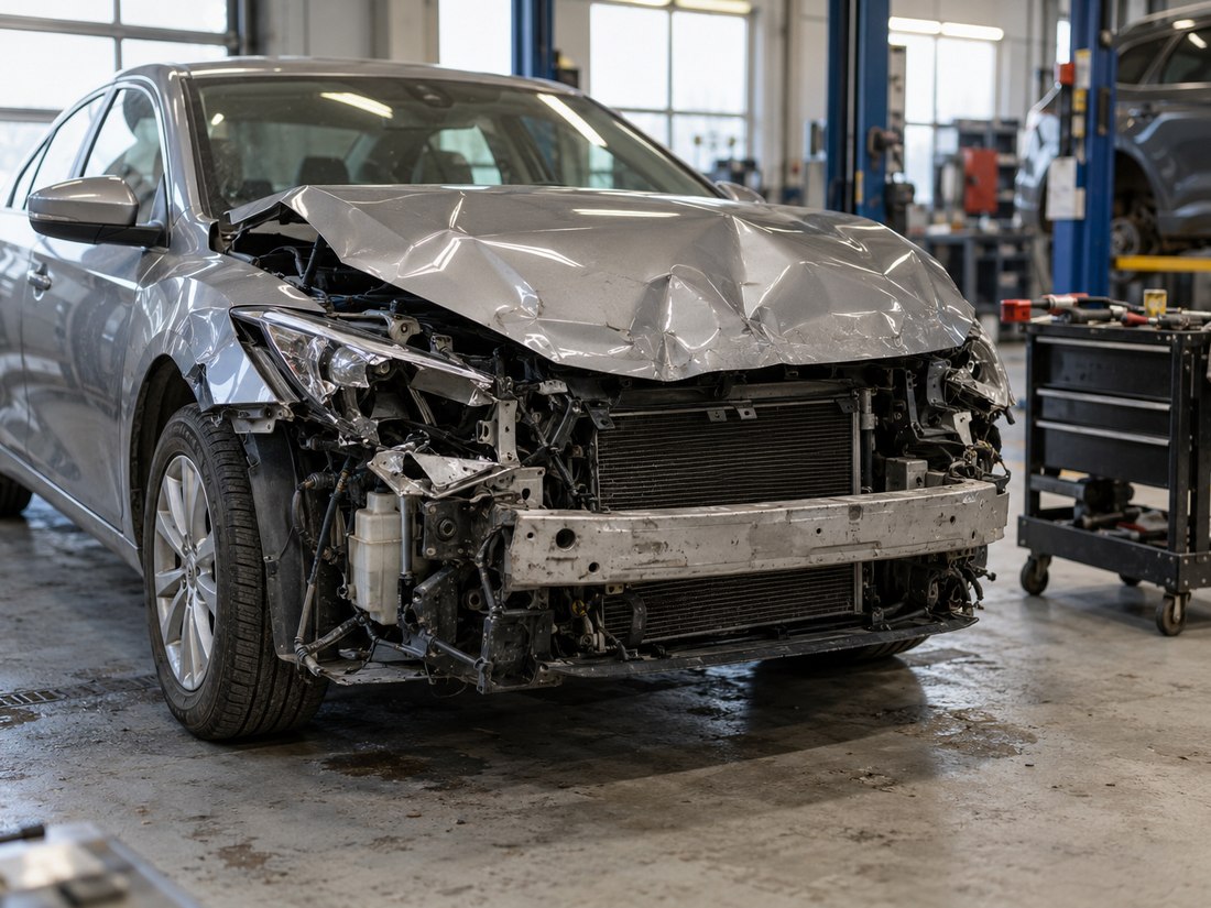 A car with front-end collision damage in a body shop bay