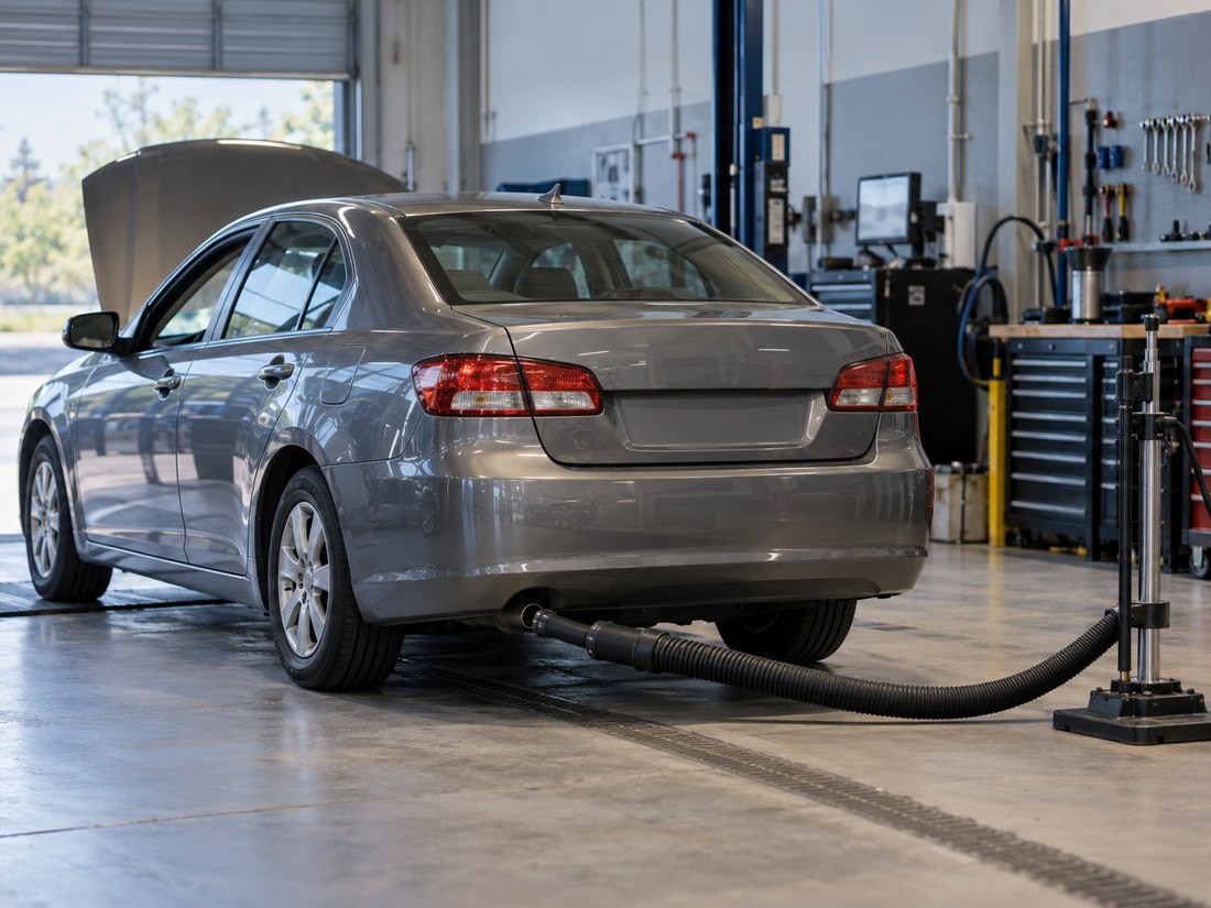 A sedan with its hood open in a service bay beside an emissions-test probe