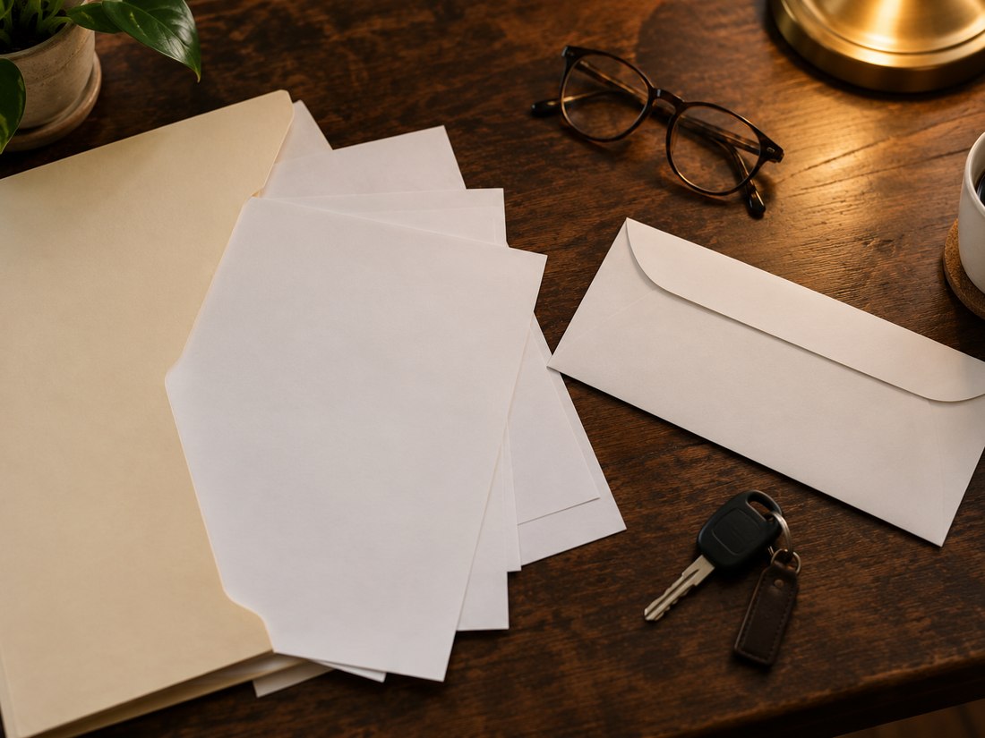 A folder of blank documents, an envelope, glasses and car keys on a desk