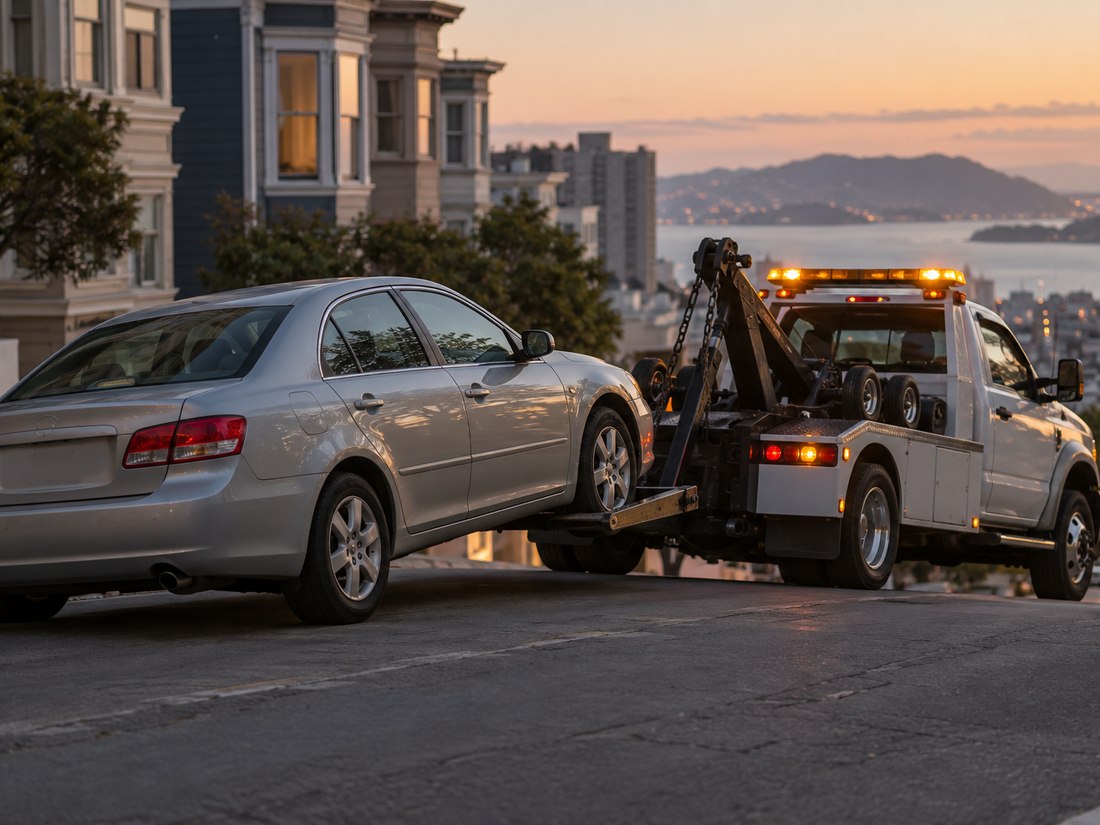 A wheel-lift tow truck towing a silver sedan along a San Francisco street at dusk, the bay behind